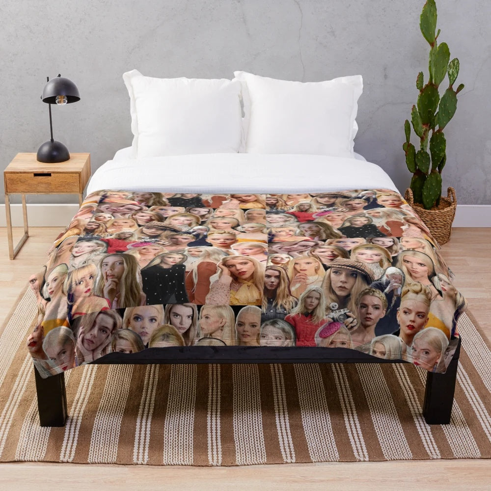 Plush Blanket with Collage of Anya Taylor-Joy Movie Characters
