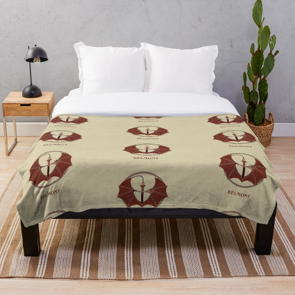 Plush blanket with a crest design inspired by the video game Castlevania