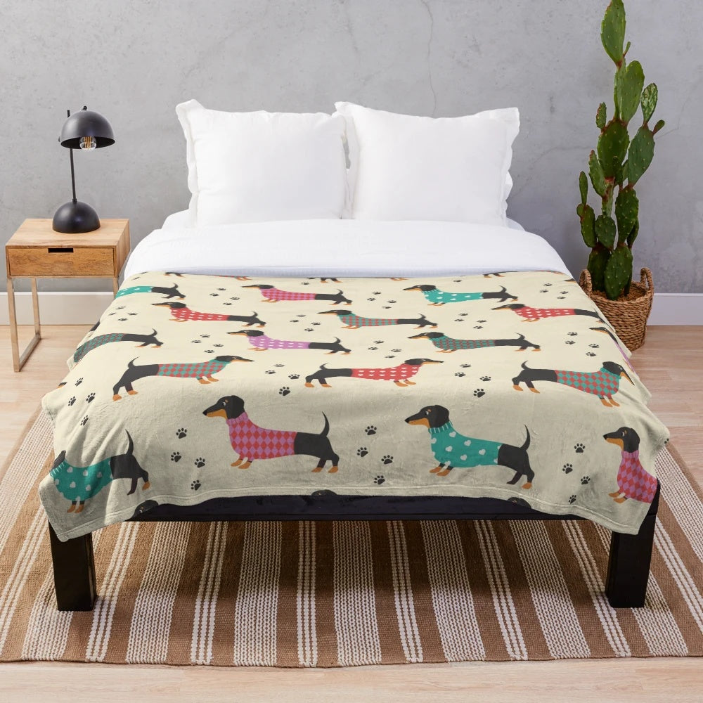 Dachshund plush blanket with seamless pattern of cute wiener dogs