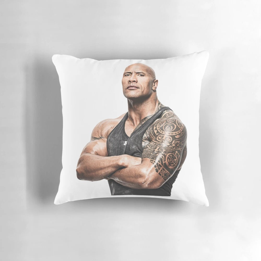Soft and cozy pillow featuring a print of Hollywood actor Dwayne "The Rock" Johnson