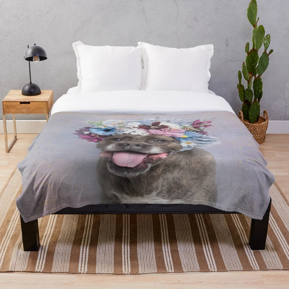 Plush flower power blanket with pitbull design