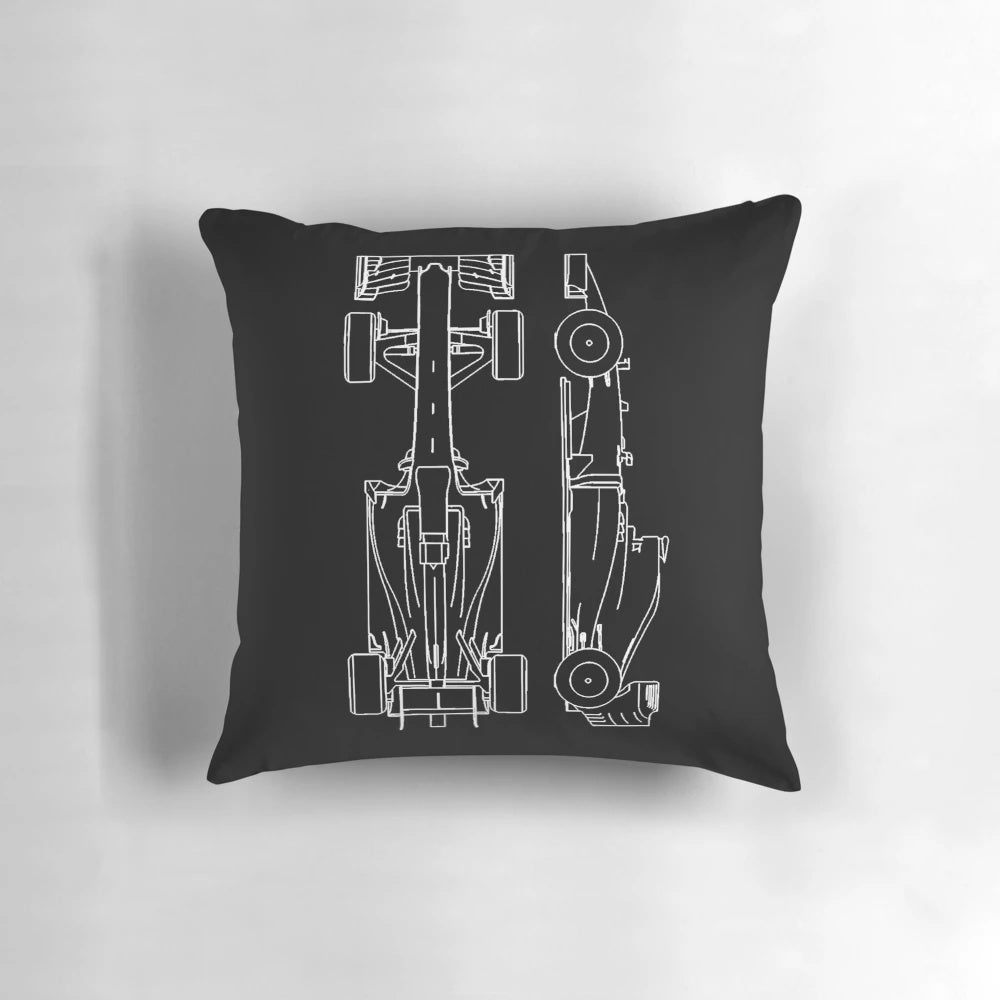 Soft, cuddly pillow designed with a formula 1 racing car motif