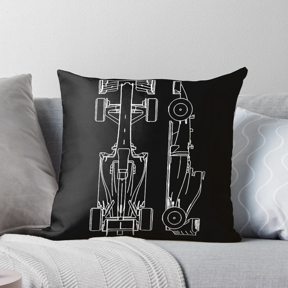 Soft, cuddly pillow designed with a formula 1 racing car motif