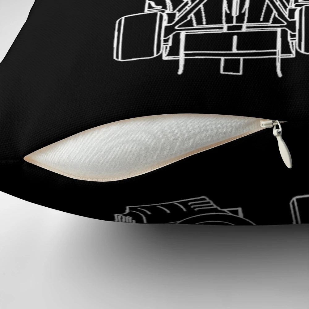 Soft, cuddly pillow designed with a formula 1 racing car motif