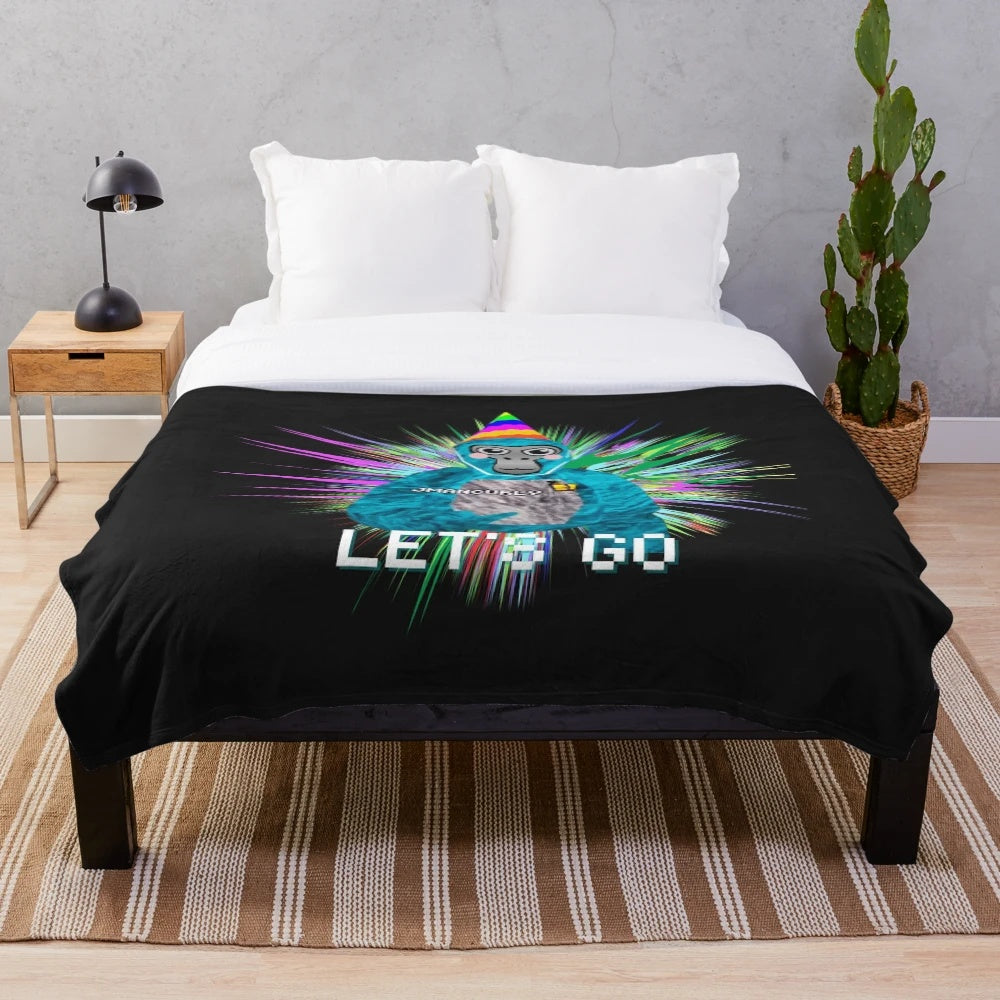 Plush gaming blanket featuring Gorilla Tag VR gamer design