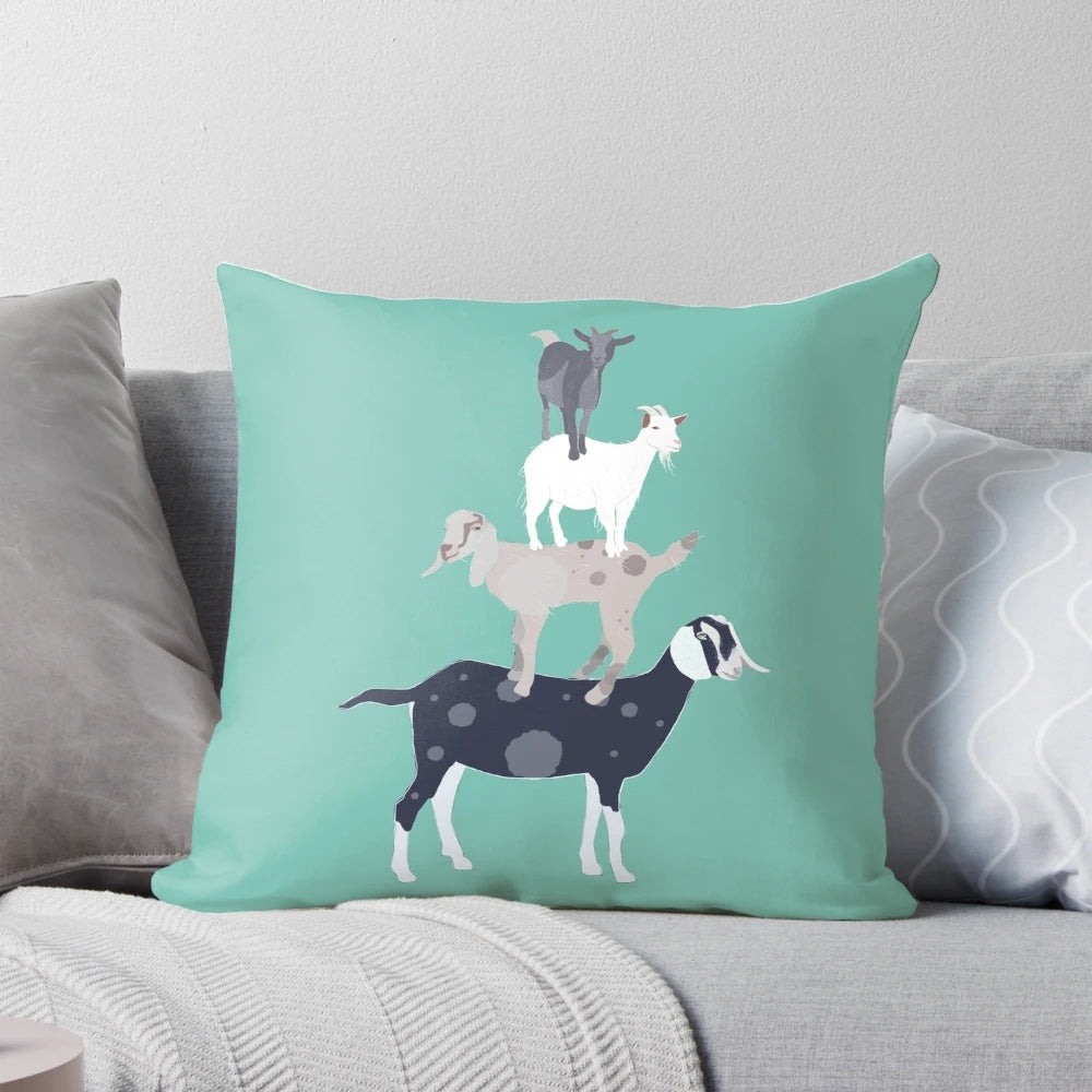 Soft and cozy plush pillow featuring a stack of adorable goats