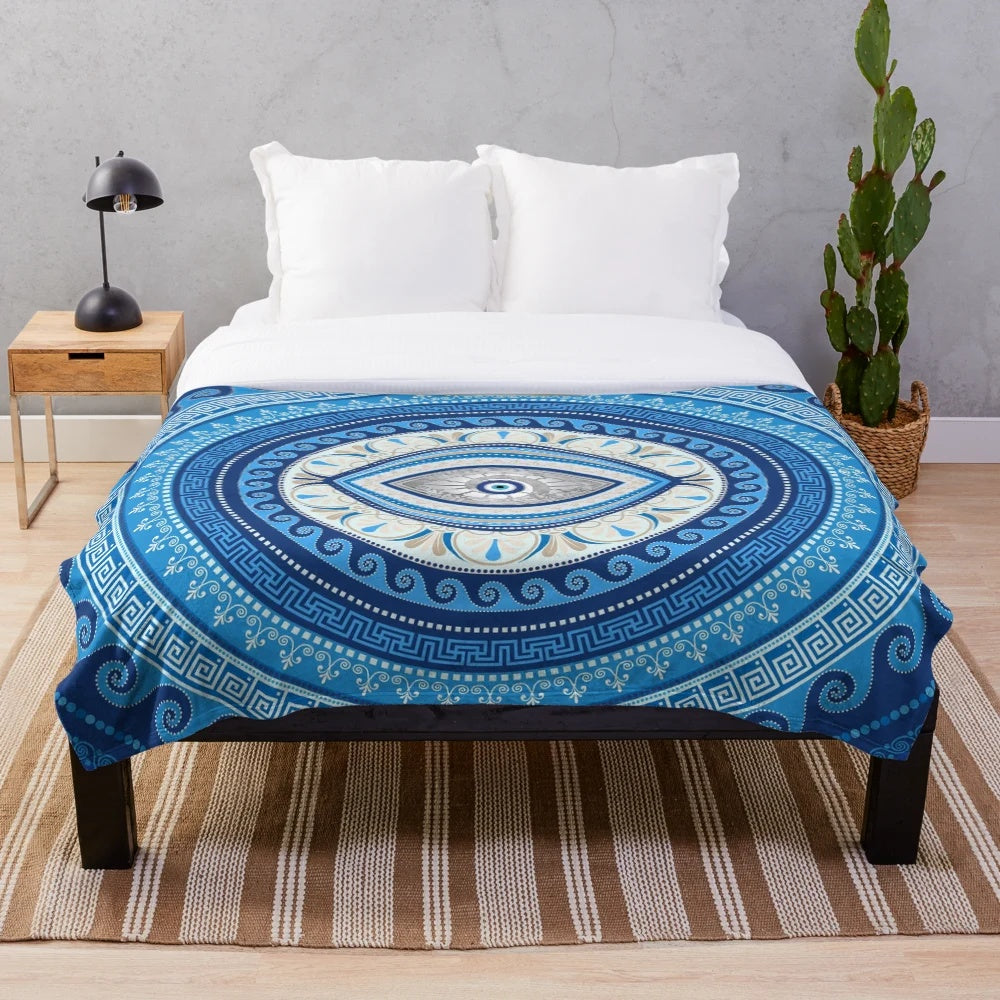 Greek evil eye plush blanket with meander pattern