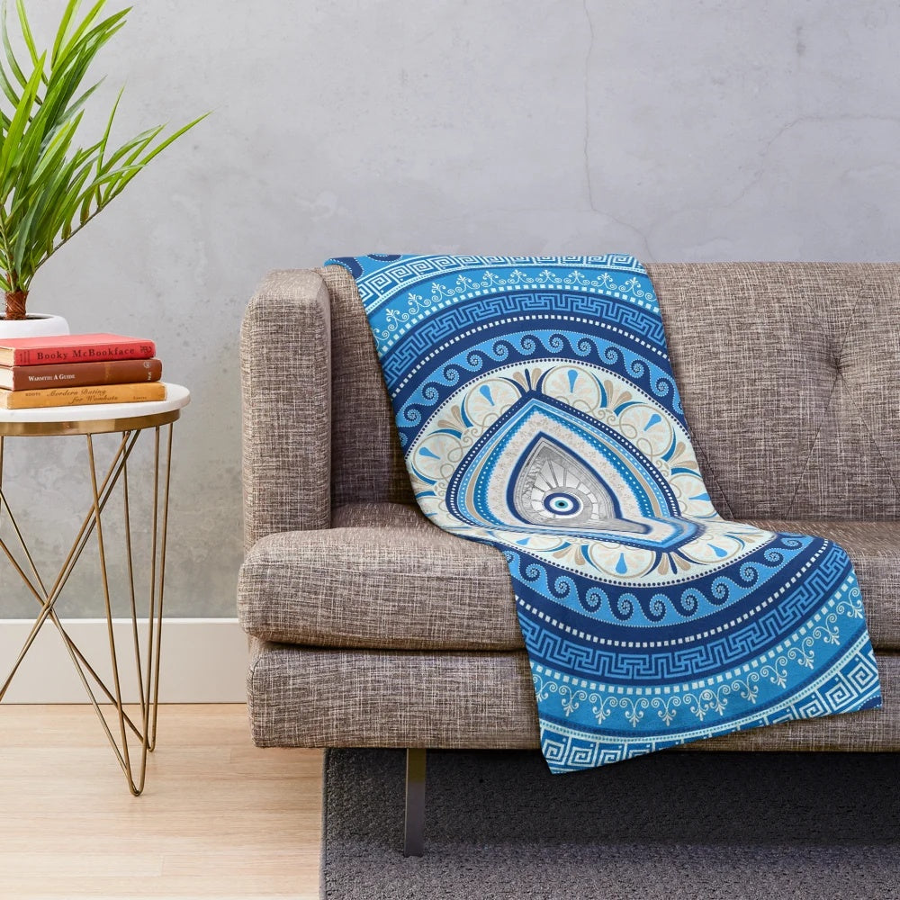 Greek evil eye plush blanket with meander pattern