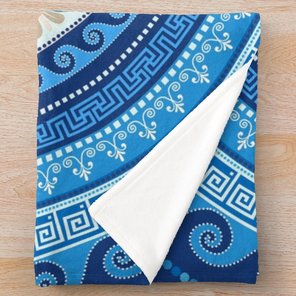 Greek evil eye plush blanket with meander pattern