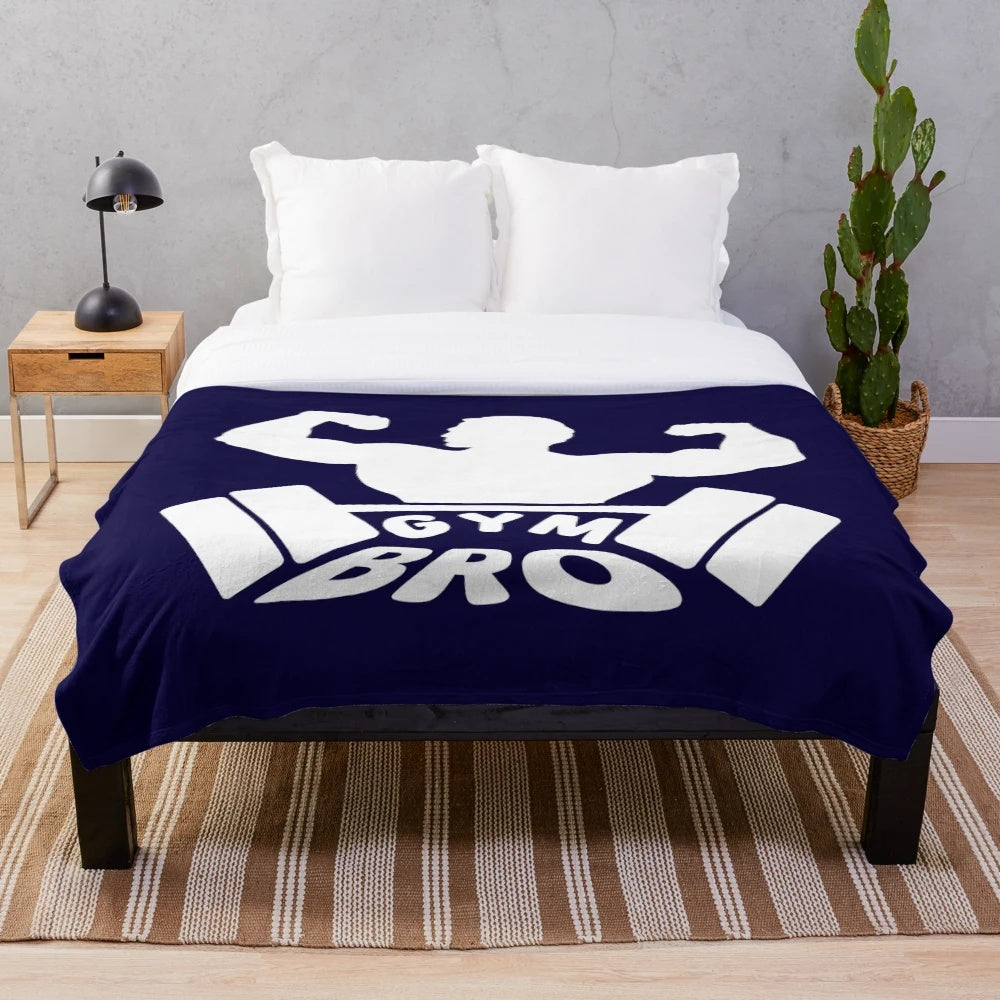 Plush blanket featuring gym-related imagery and text