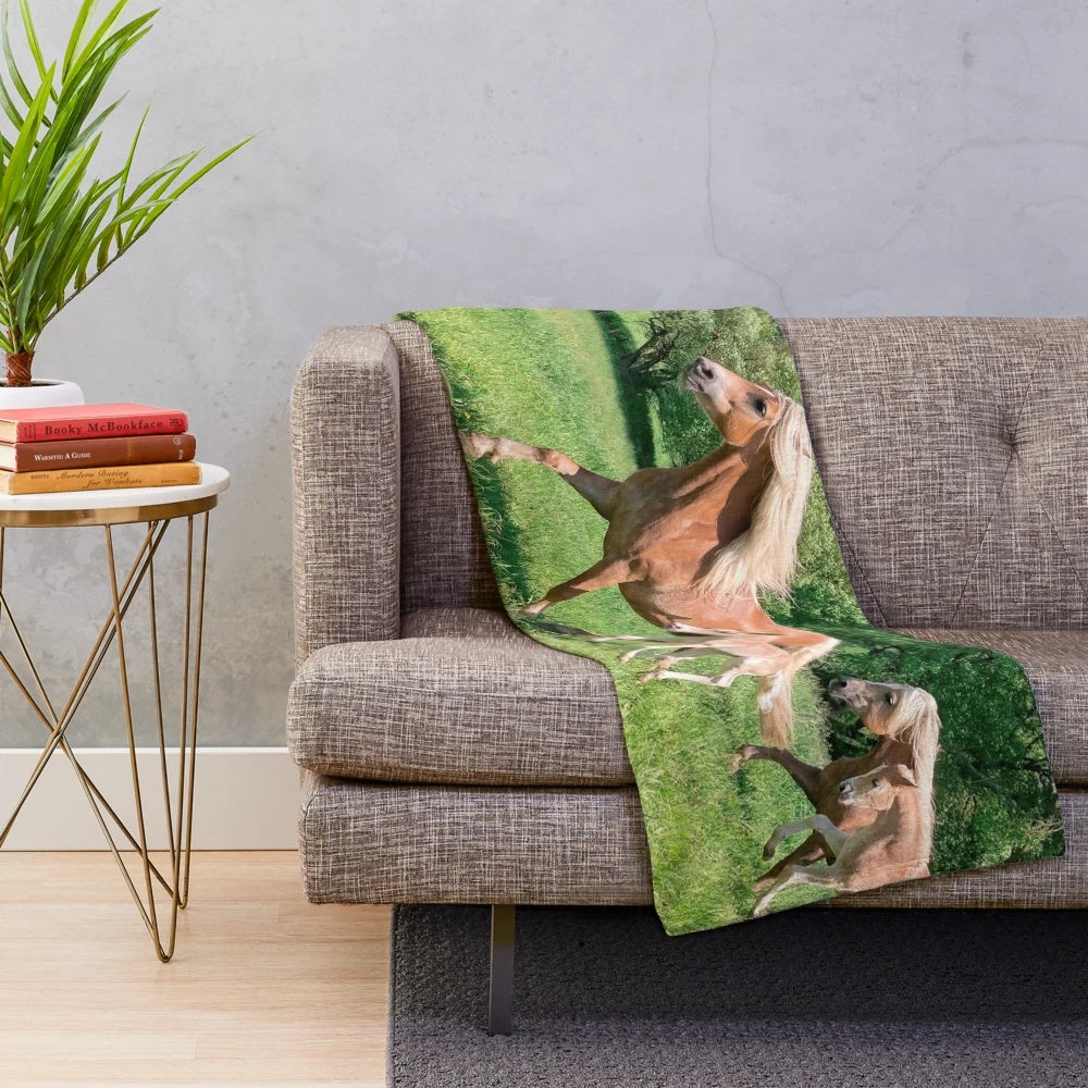 Haflinger horses running together in a natural meadow scene on a plush blanket