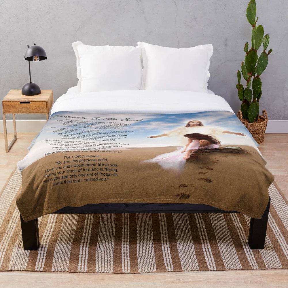 Plush inspirational beach scene blanket with footprints in the sand graphic