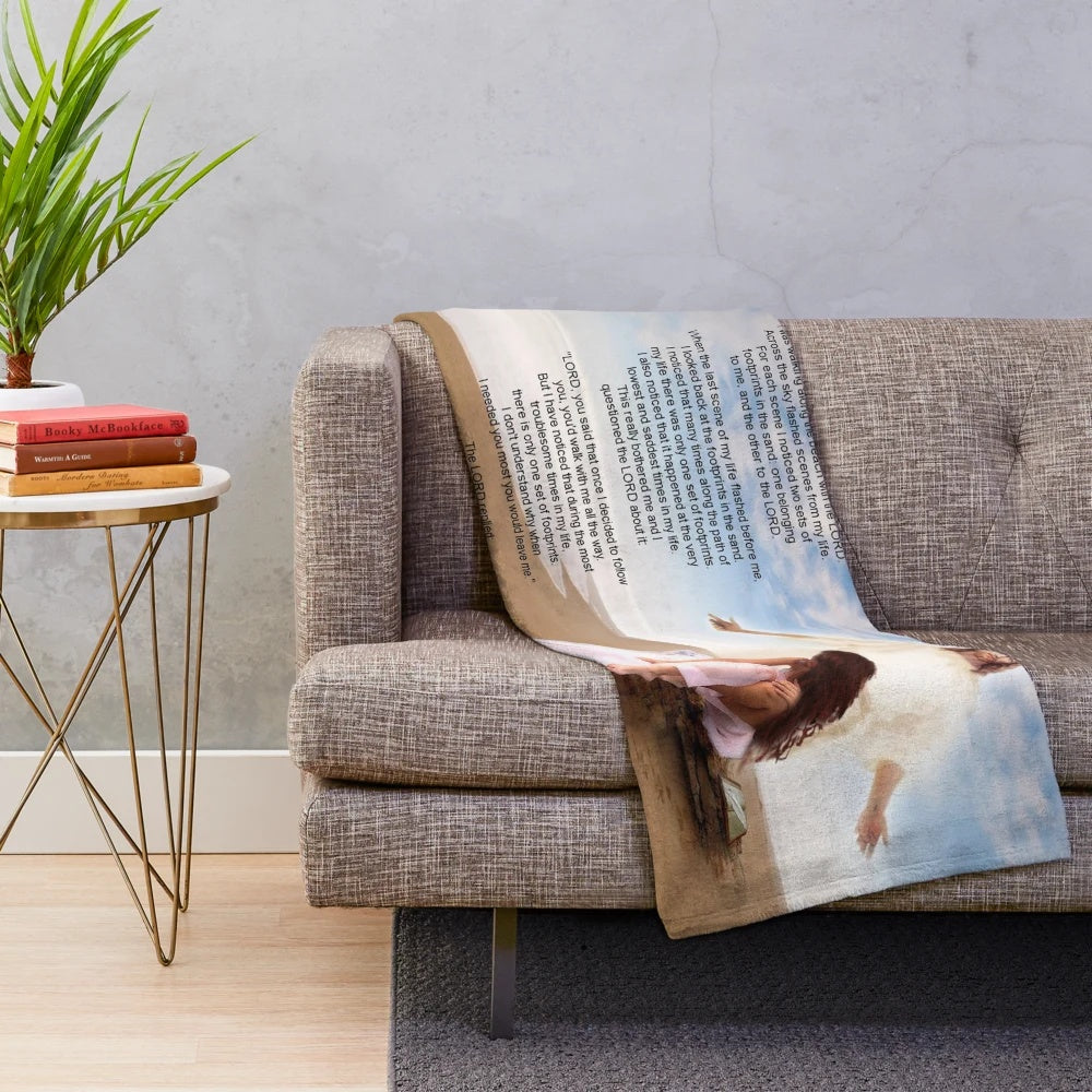 Plush inspirational beach scene blanket with footprints in the sand graphic