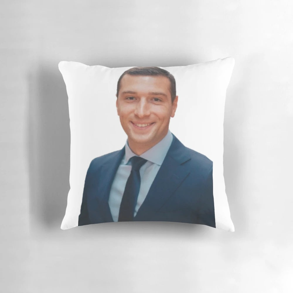 Soft, cuddly pillow featuring the image of Jordan Bardella, the leader of the National Gathering party in France.