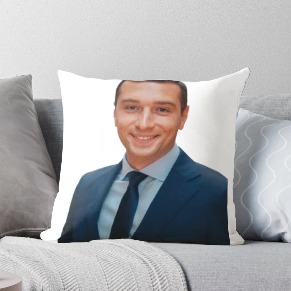 Soft, cuddly pillow featuring the image of Jordan Bardella, the leader of the National Gathering party in France.