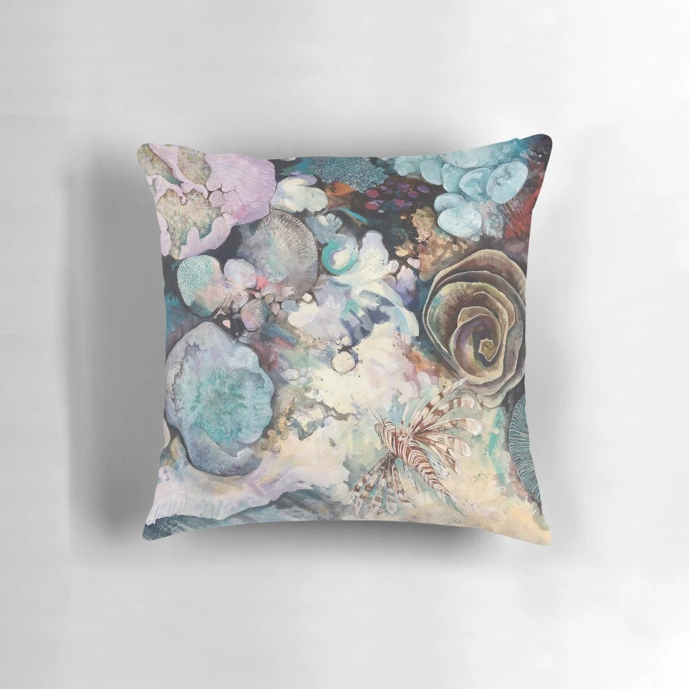 Soft, plush pillow featuring a vibrant lionfish and coral reef design
