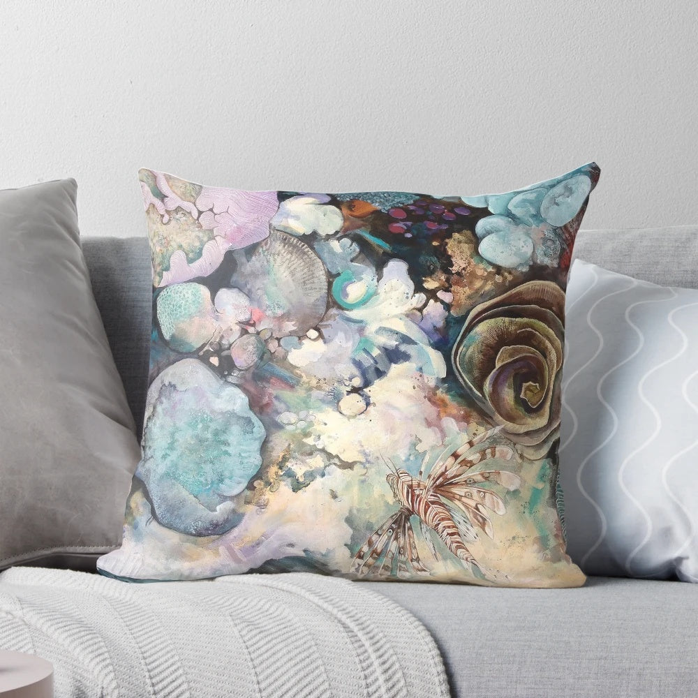 Soft, plush pillow featuring a vibrant lionfish and coral reef design
