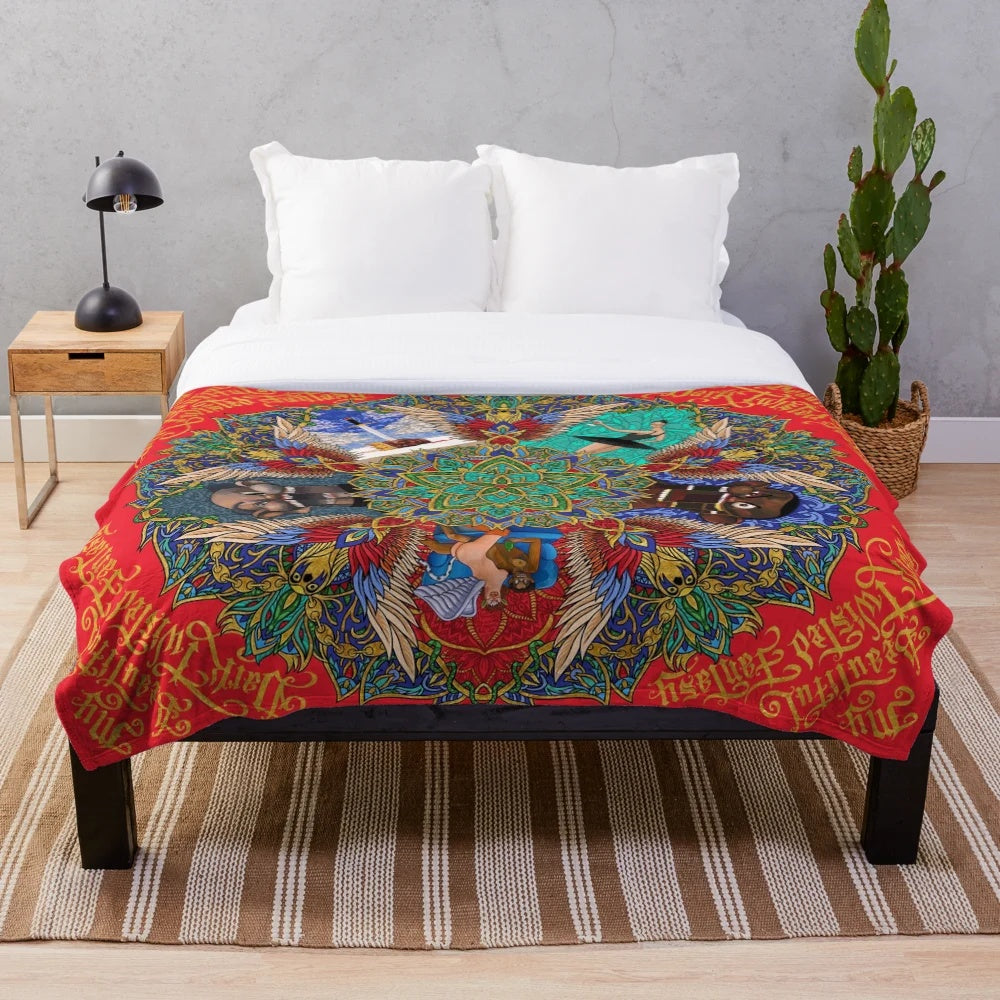Plush mandala-inspired blanket featuring Kanye West's "My Beautiful Dark Twisted Fantasy" design