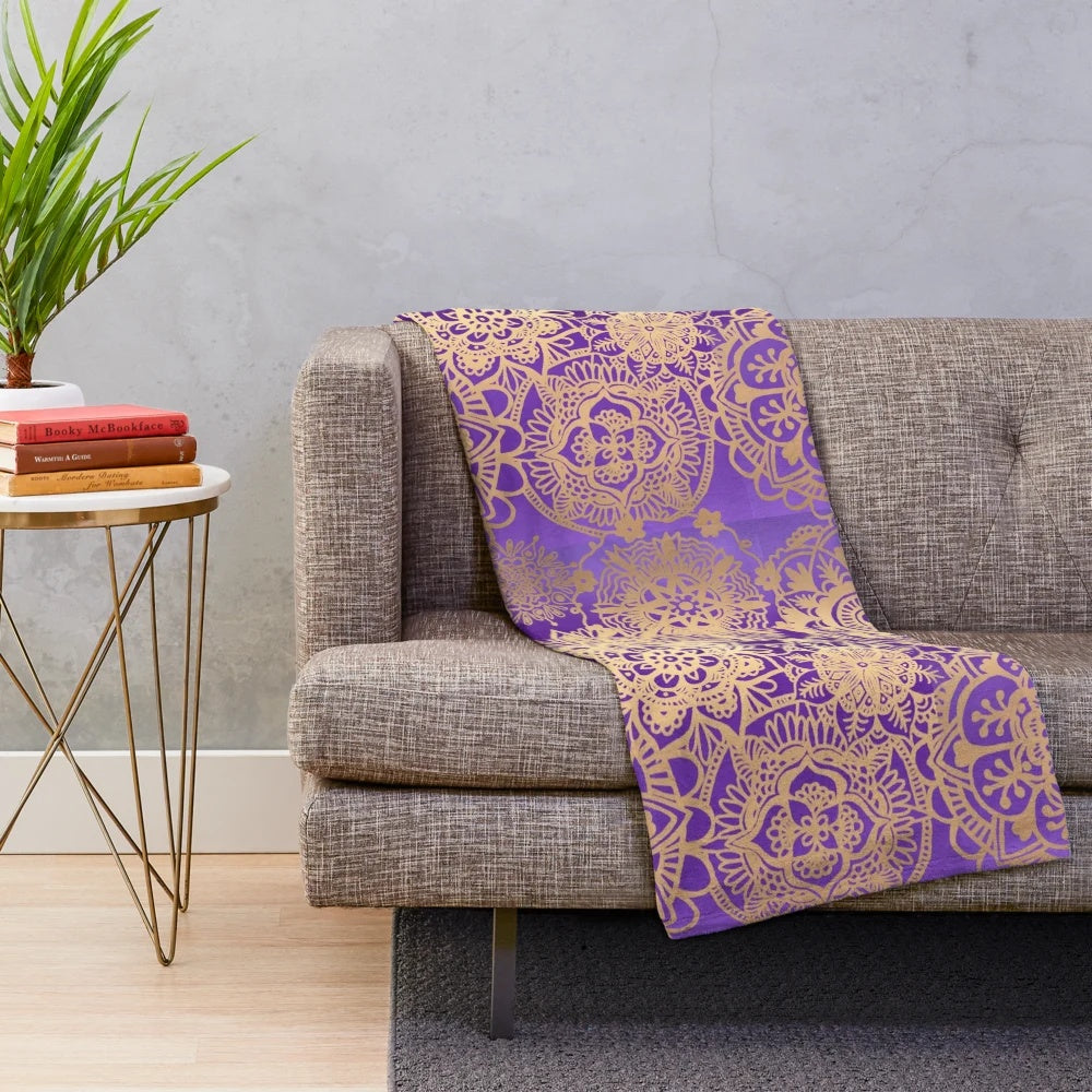 Plush purple and gold mandala pattern blanket