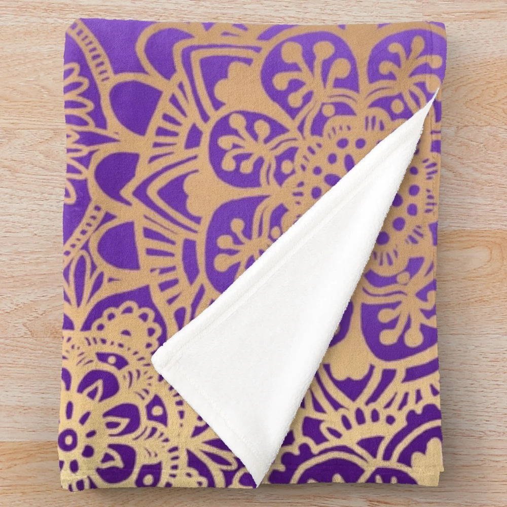 Plush purple and gold mandala pattern blanket