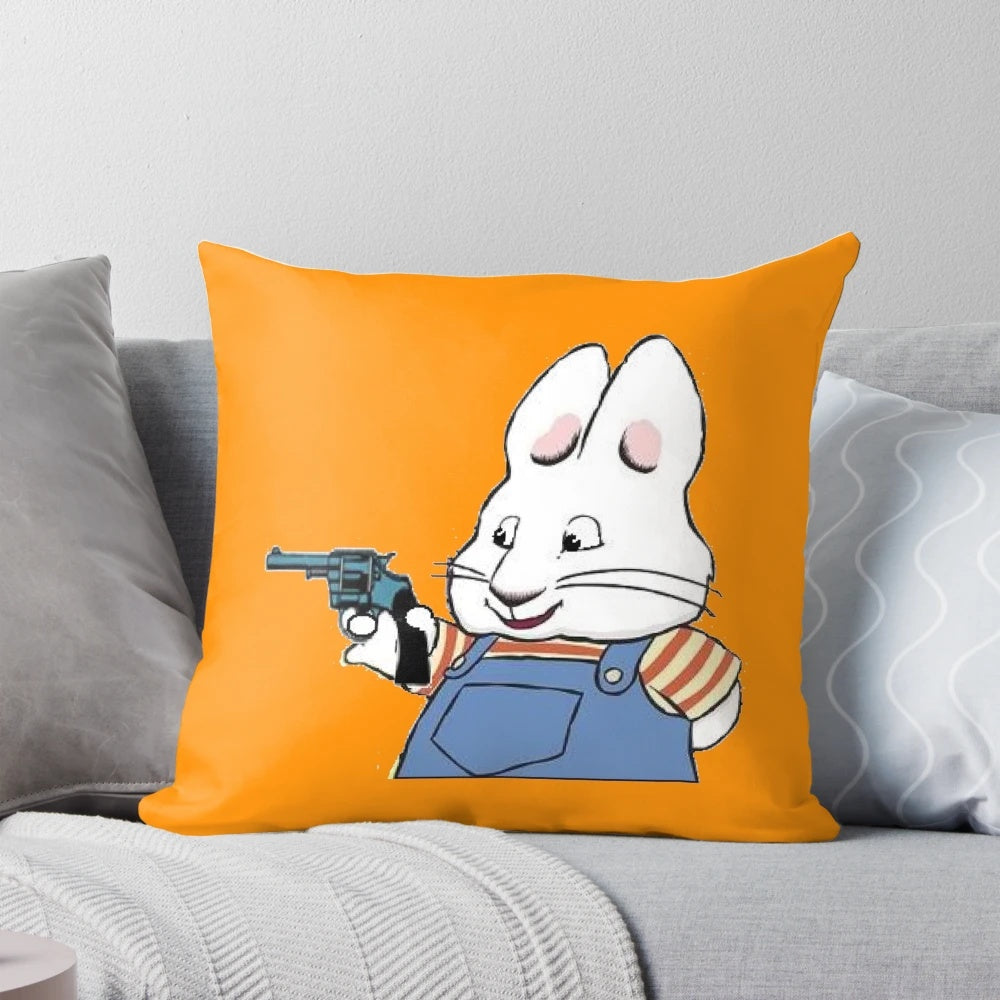 Soft and cuddly plush pillow featuring the beloved cartoon character Max holding a gun from the Max and Ruby series.