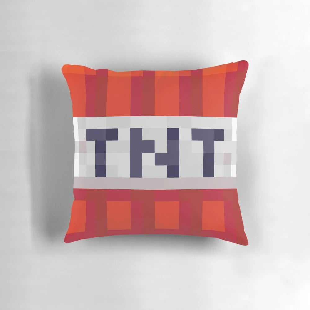 Soft, plush Minecraft TNT block pillow for gaming and home decor