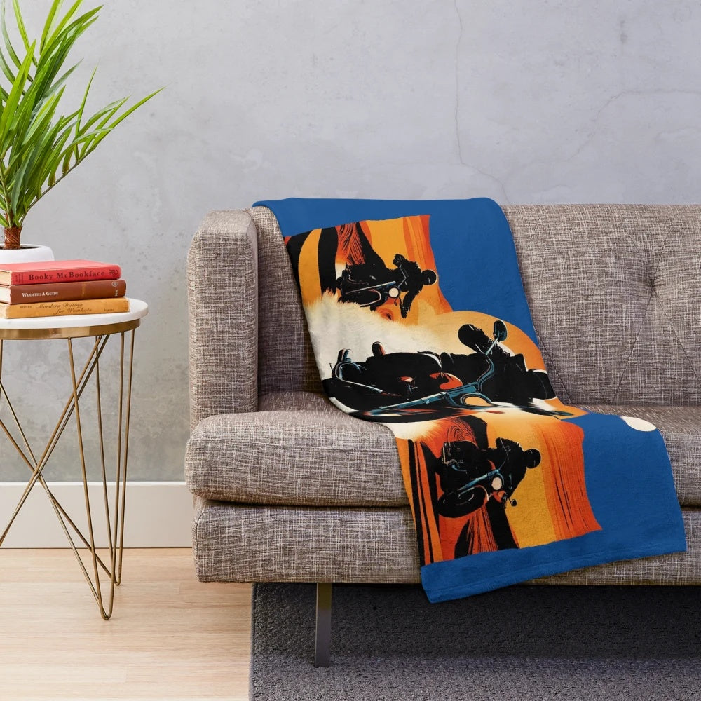 Plush blanket with motorcycle and desert-inspired design