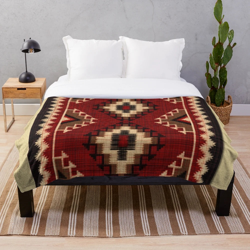 Navajo-inspired tribal ethnic plush blanket with geometric and abstract patterns