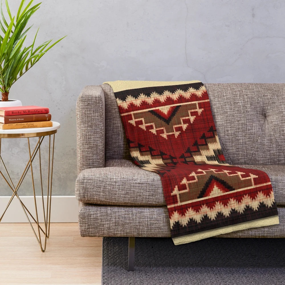 Navajo-inspired tribal ethnic plush blanket with geometric and abstract patterns