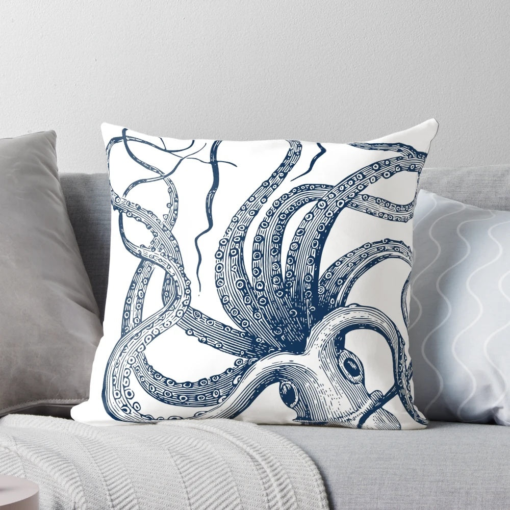 Navy octopus throw pillow with white accents on a navy background