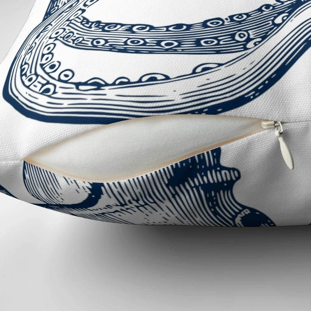 Navy octopus throw pillow with white accents on a navy background