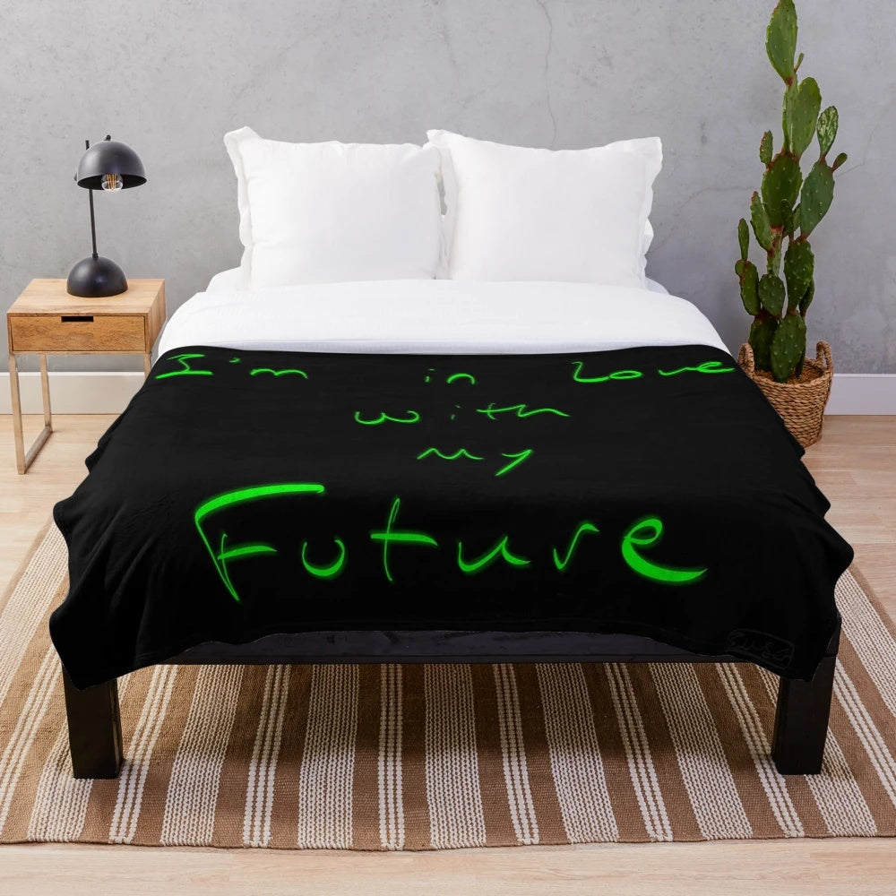 Neon green and black plush blanket with "I'm in Love with My Future" lyrics
