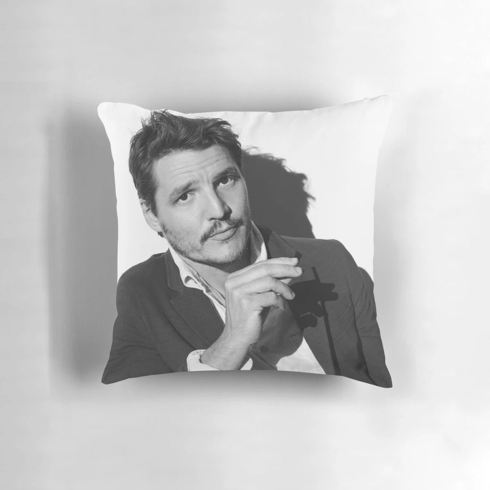 Plush Pedro Pascal inspired decorative pillow featuring the popular actor.