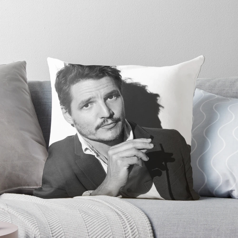 Plush Pedro Pascal inspired decorative pillow featuring the popular actor.
