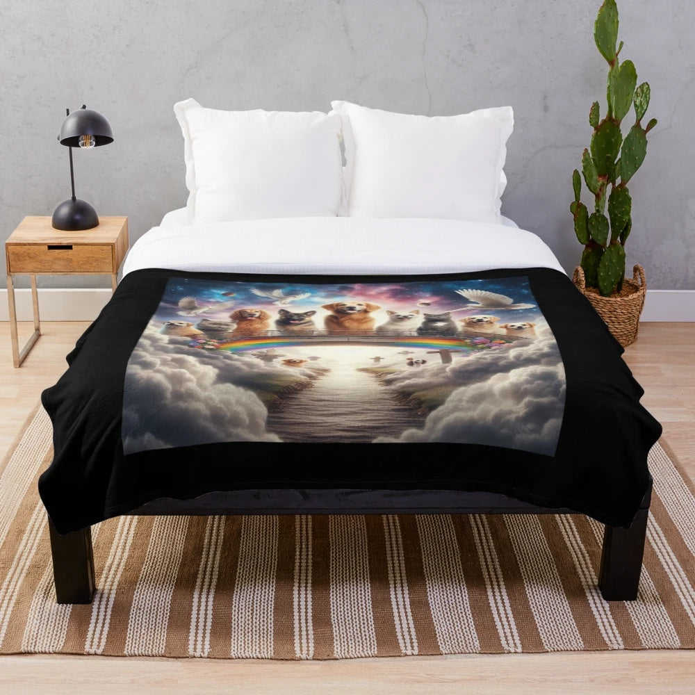 Soft, cozy plush pet memorial blanket featuring rainbow and pets