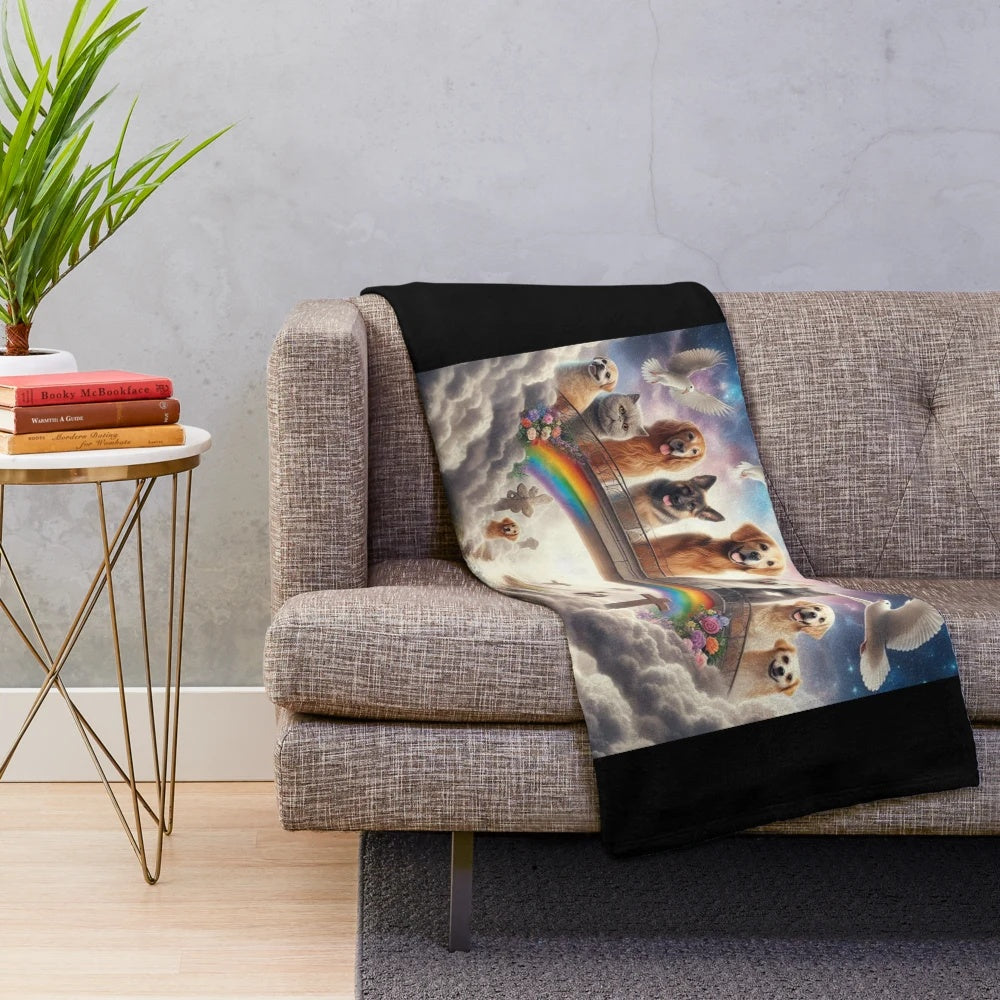 Soft, cozy plush pet memorial blanket featuring rainbow and pets