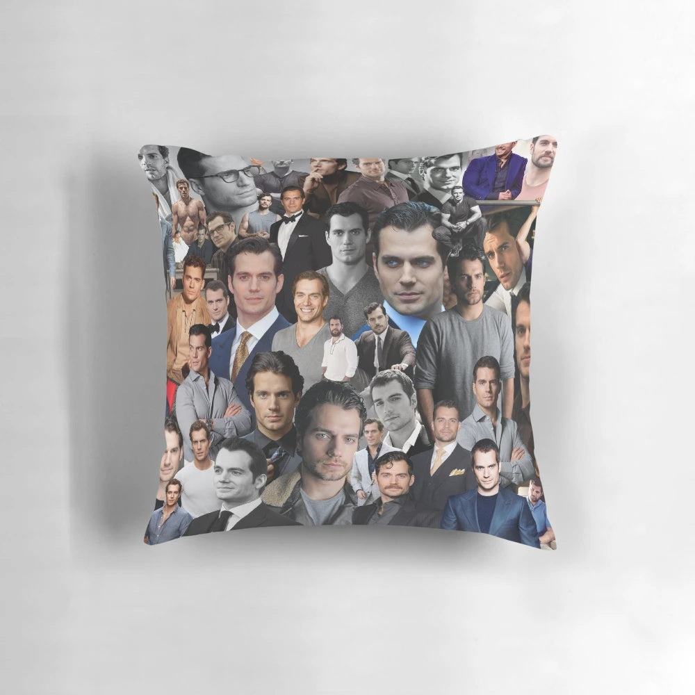 Plush pillow with an image of Henry Cavill as various popular characters like Superman and Geralt of Rivia.