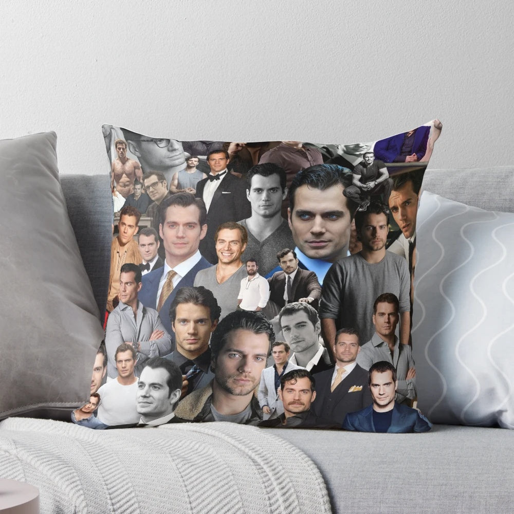 Plush pillow with an image of Henry Cavill as various popular characters like Superman and Geralt of Rivia.