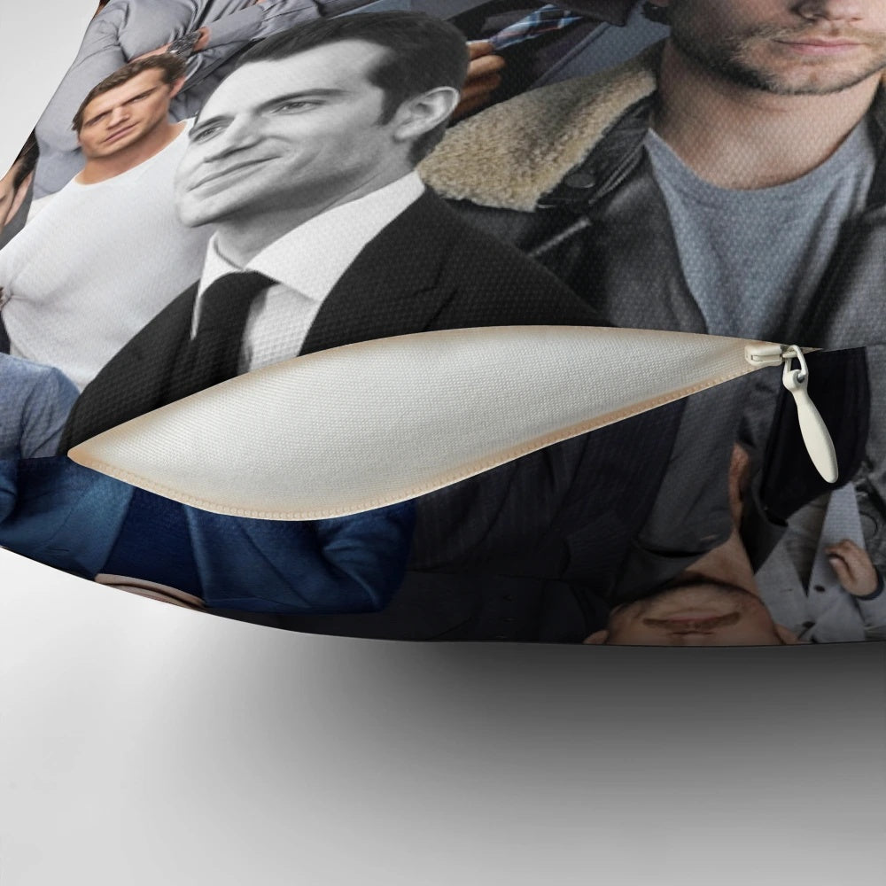 Plush pillow with an image of Henry Cavill as various popular characters like Superman and Geralt of Rivia.