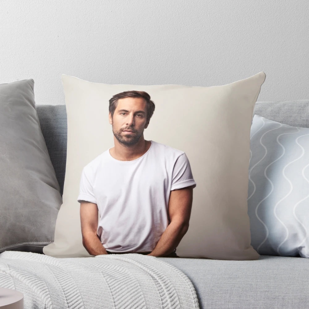 Soft pillow featuring a portrait of German pop singer Max Giesinger
