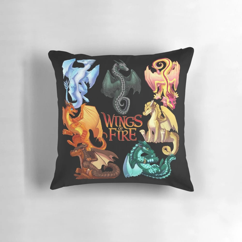 Plush pillow featuring Moonwatcher, Winter, Qibli, Peril, Turtle, Umber, and Kinkajou from the Wings of Fire book series