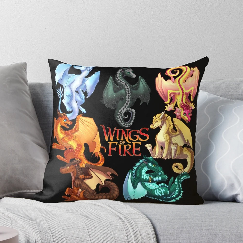Plush pillow featuring Moonwatcher, Winter, Qibli, Peril, Turtle, Umber, and Kinkajou from the Wings of Fire book series