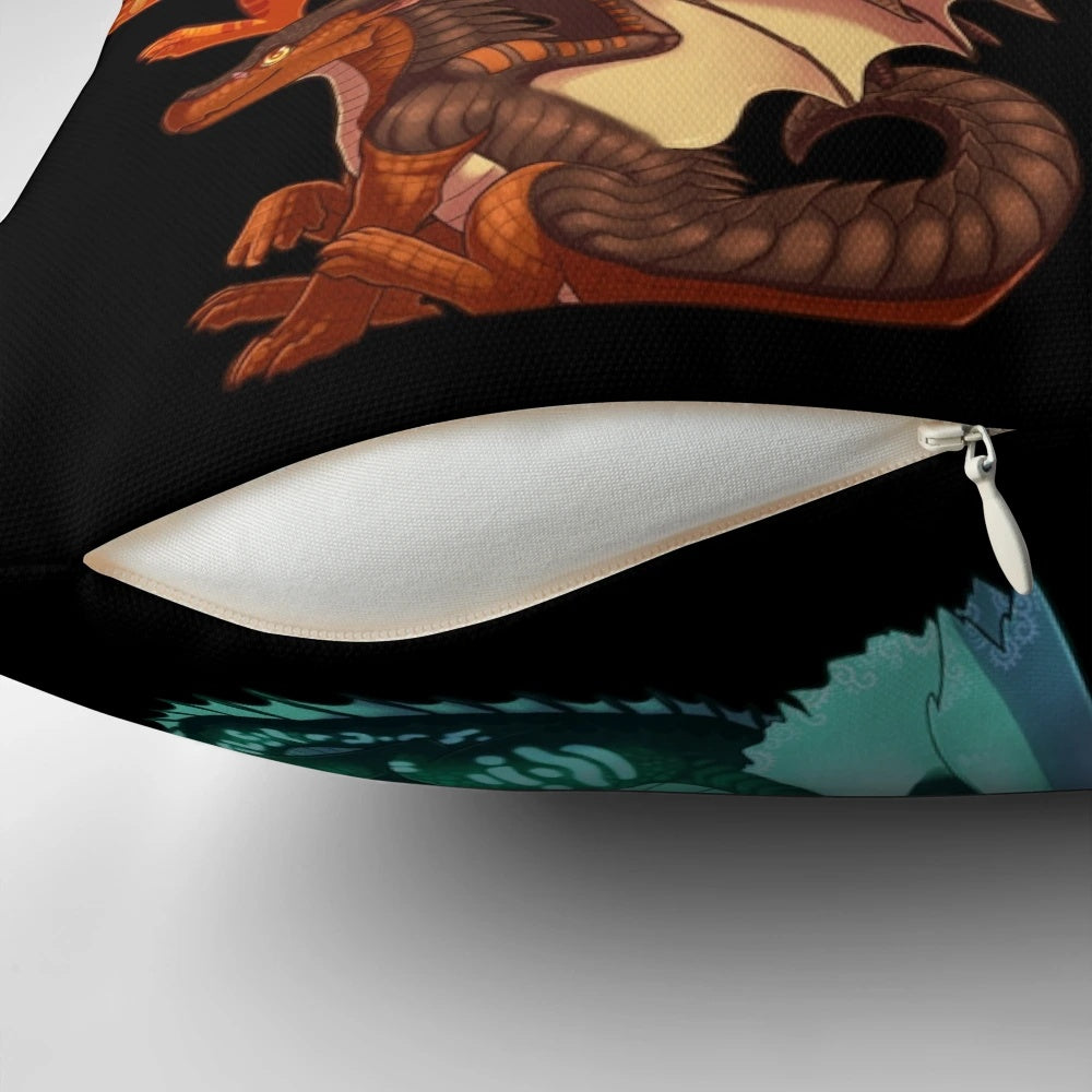 Plush pillow featuring Moonwatcher, Winter, Qibli, Peril, Turtle, Umber, and Kinkajou from the Wings of Fire book series
