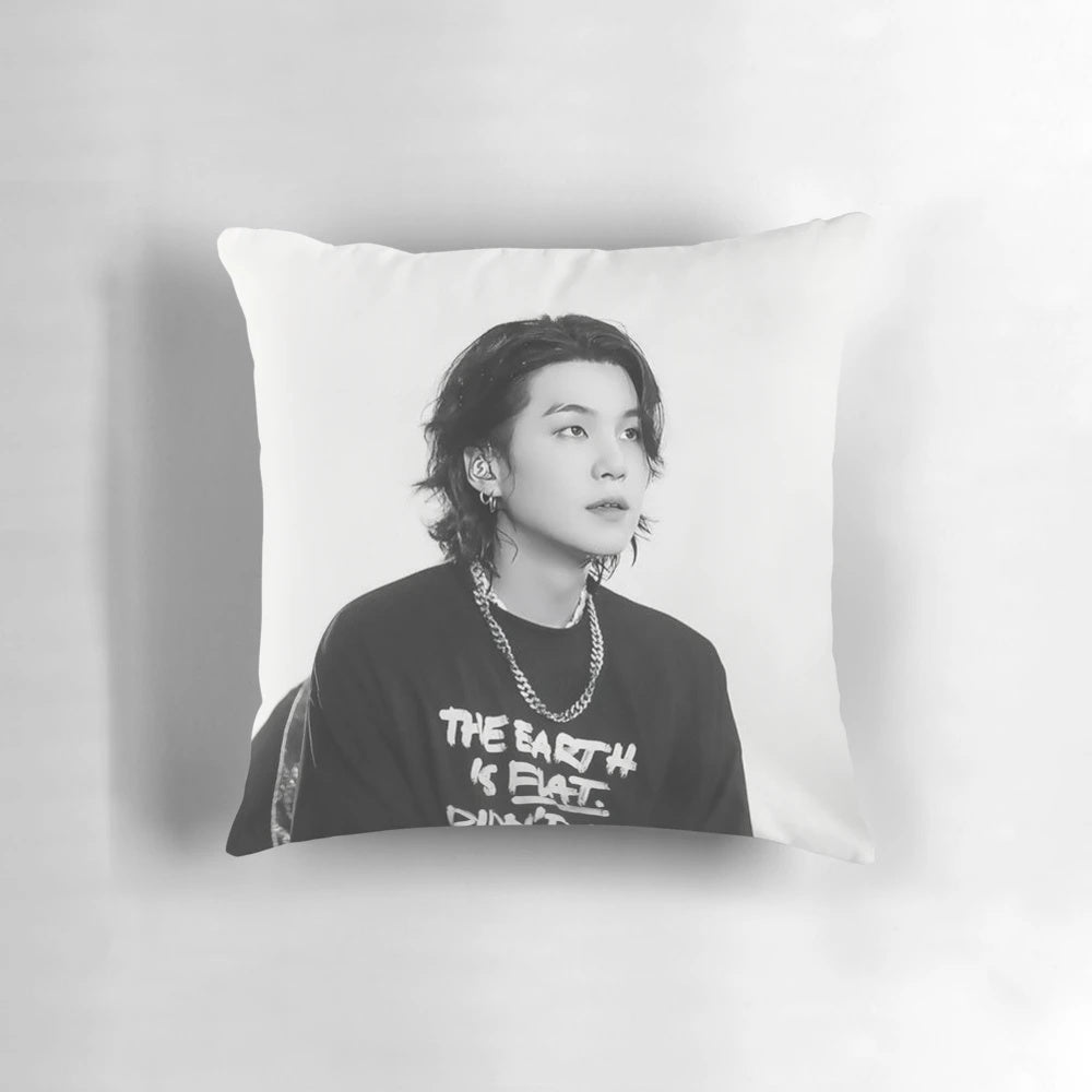 Soft, huggable pillow featuring the image of BTS member Suga, also known as Min Yoongi