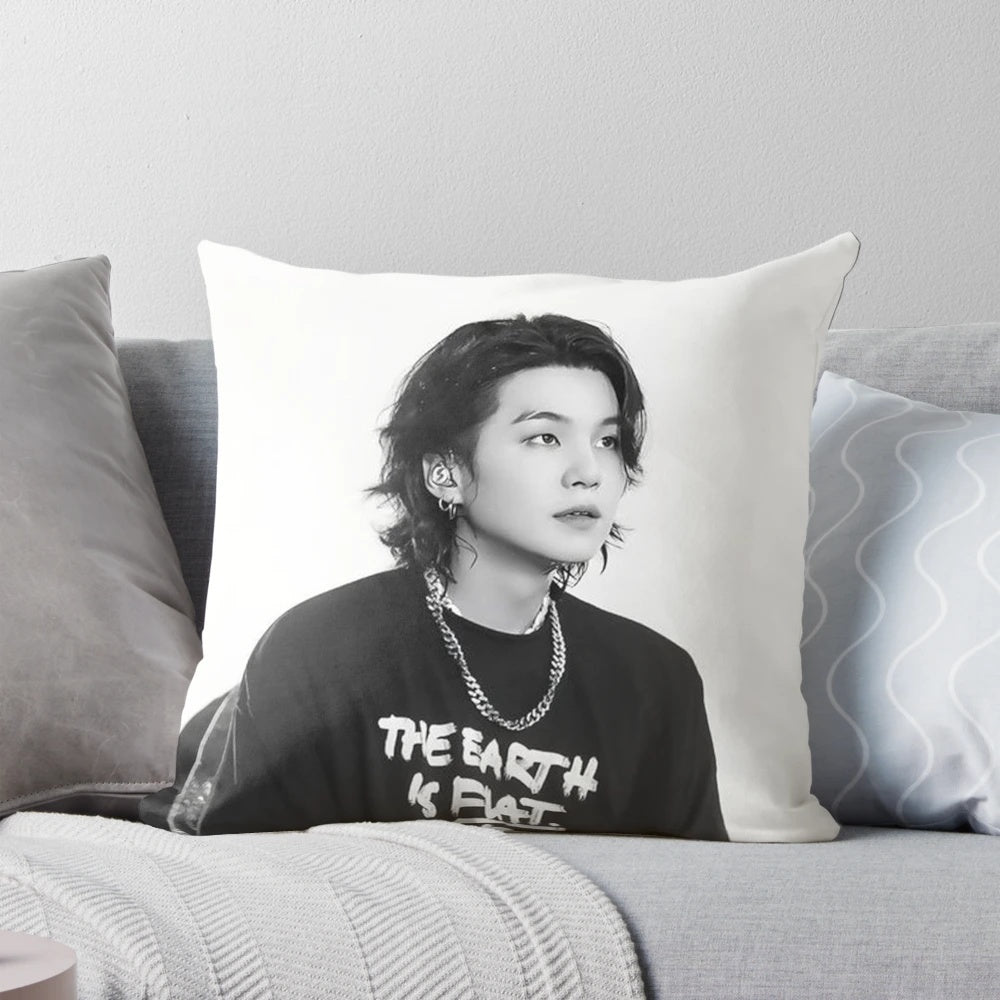 Soft, huggable pillow featuring the image of BTS member Suga, also known as Min Yoongi