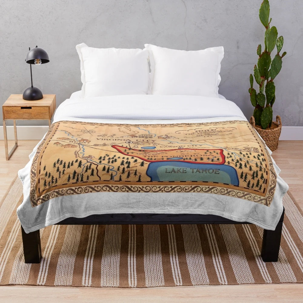 Ponderosa ranch map plush blanket featuring iconic imagery from the classic TV show