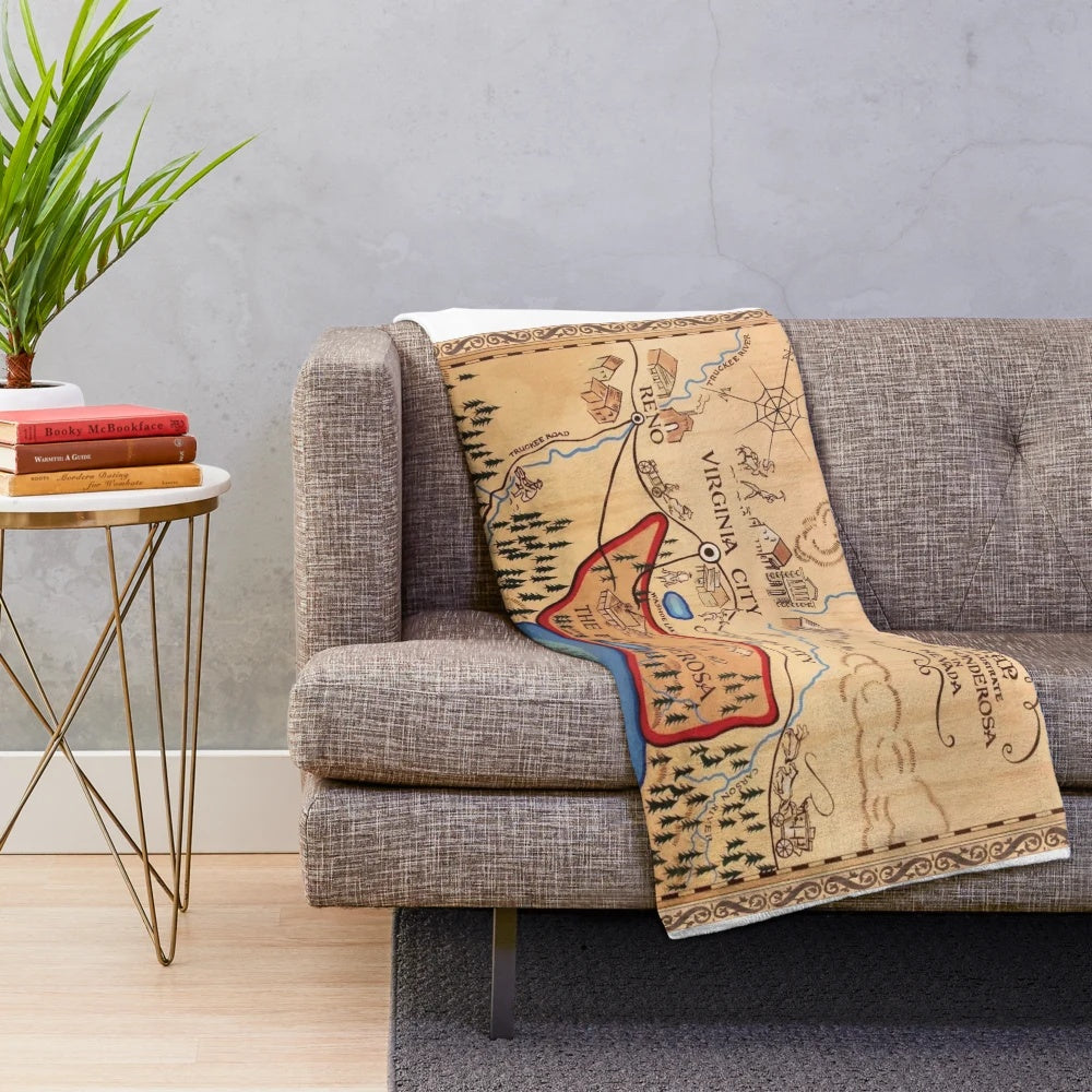 Ponderosa ranch map plush blanket featuring iconic imagery from the classic TV show
