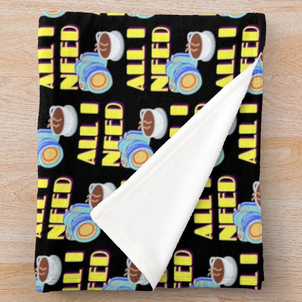 Pop art style plush blanket featuring camera and coffee design