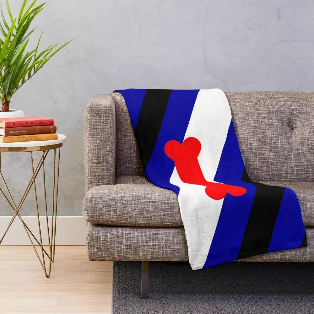 Plush puppy play pride flag blanket in blue, black, red, and white with bone design