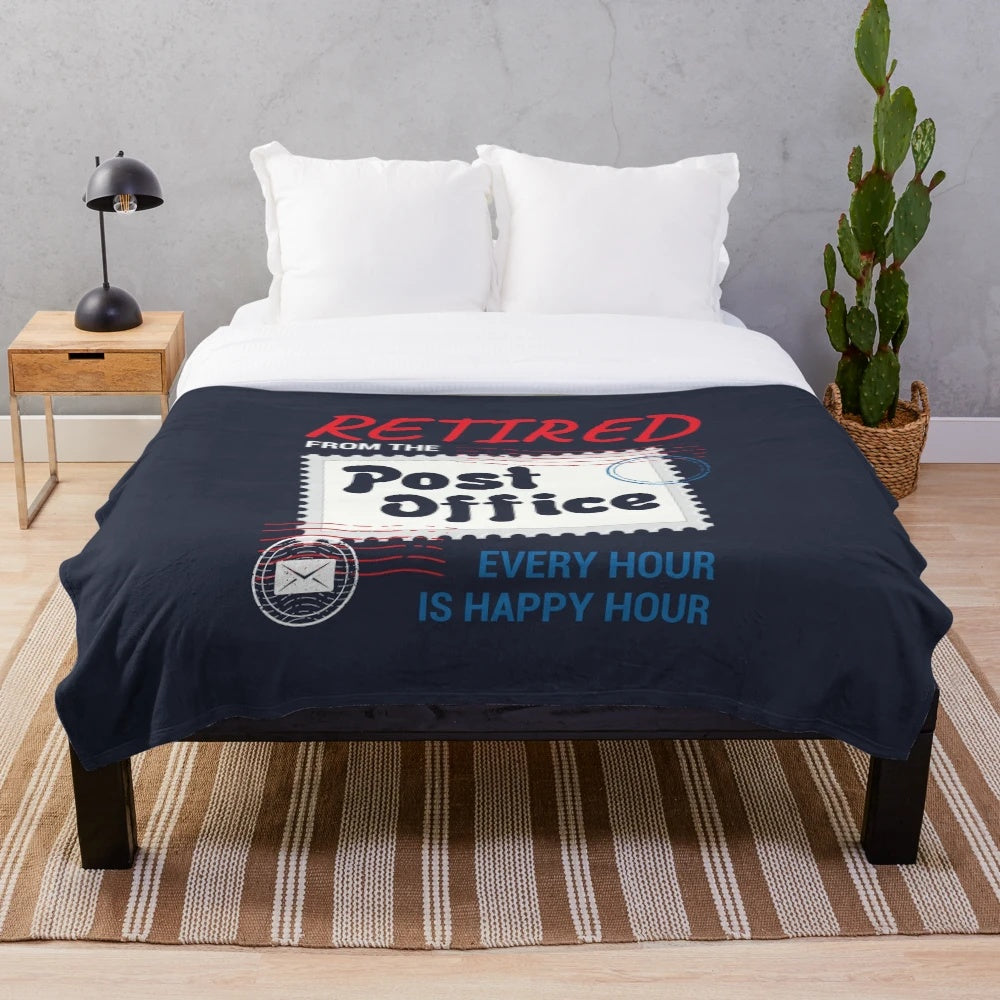 Plush blanket featuring a retired postal worker design